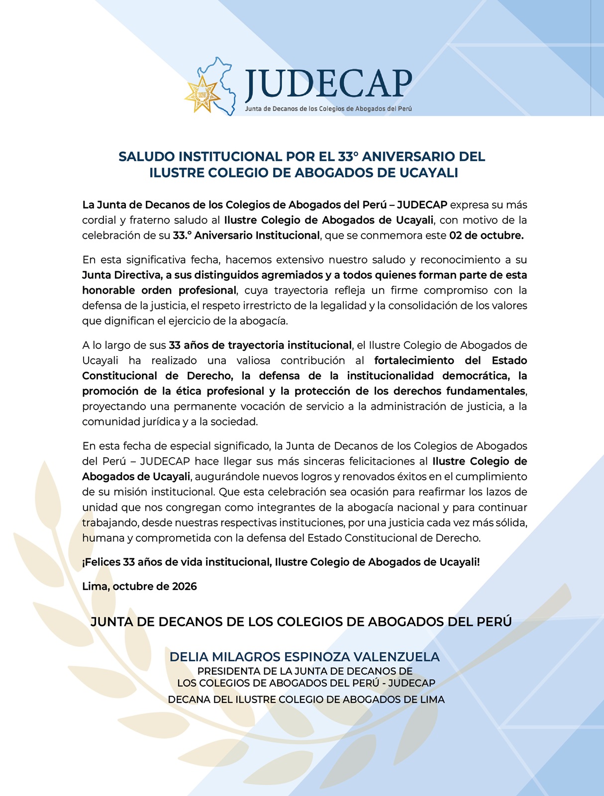 Saludo institucional por el 33° Aniversario del Ilustre Colegio de Abogados de Ucayali